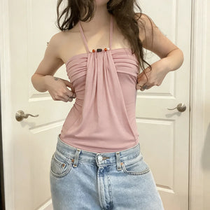 Y2K Beaded Halter Top with lace trim, Y2K halter top styled with low rise bottoms