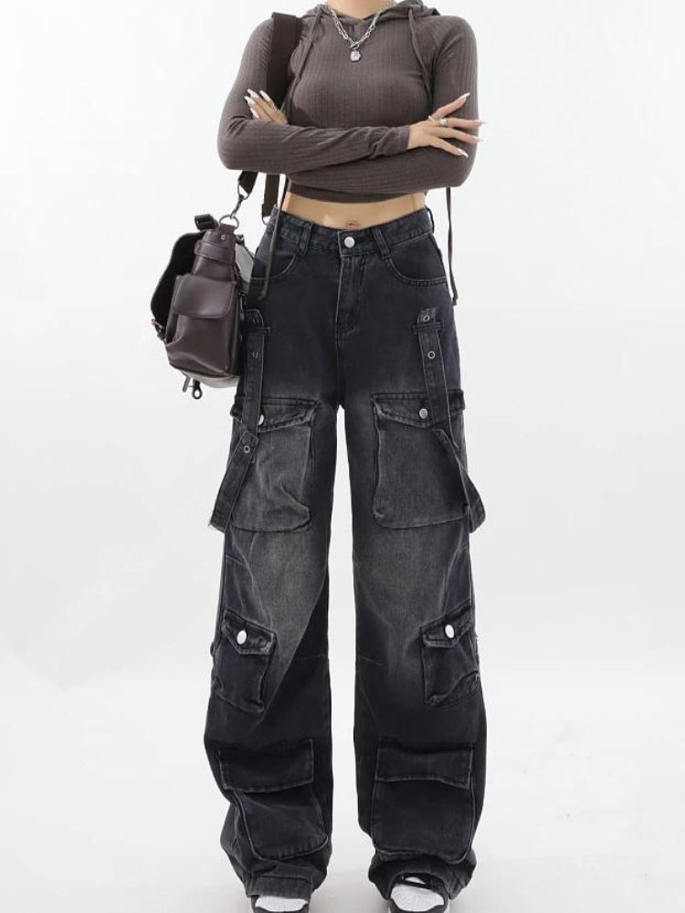 Y2K Belted Dark Wash Cargo Jeans-MAUV STUDIO