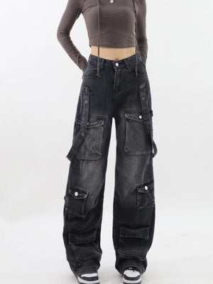 Y2K Belted Dark Wash Cargo Jeans-MAUV STUDIO