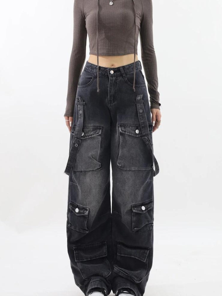 Y2K Belted Dark Wash Cargo Jeans-Black-S-MAUV STUDIO