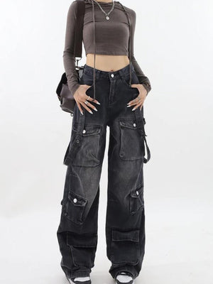 Y2K Belted Dark Wash Cargo Jeans-MAUV STUDIO