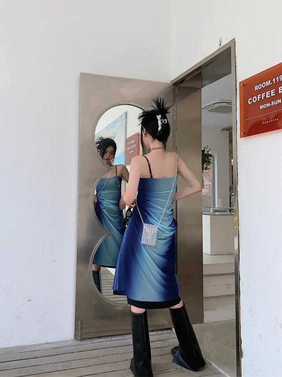 Y2K Blue Gradient Strappy Midi Dress MAUVSTUDIO Y2K Blue Gradient Strappy Midi Dress MAUVSTUDIO