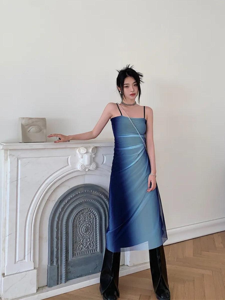 Y2K Blue Gradient Strappy Midi Dress MAUVSTUDIO Y2K Blue Gradient Strappy Midi Dress MAUVSTUDIO