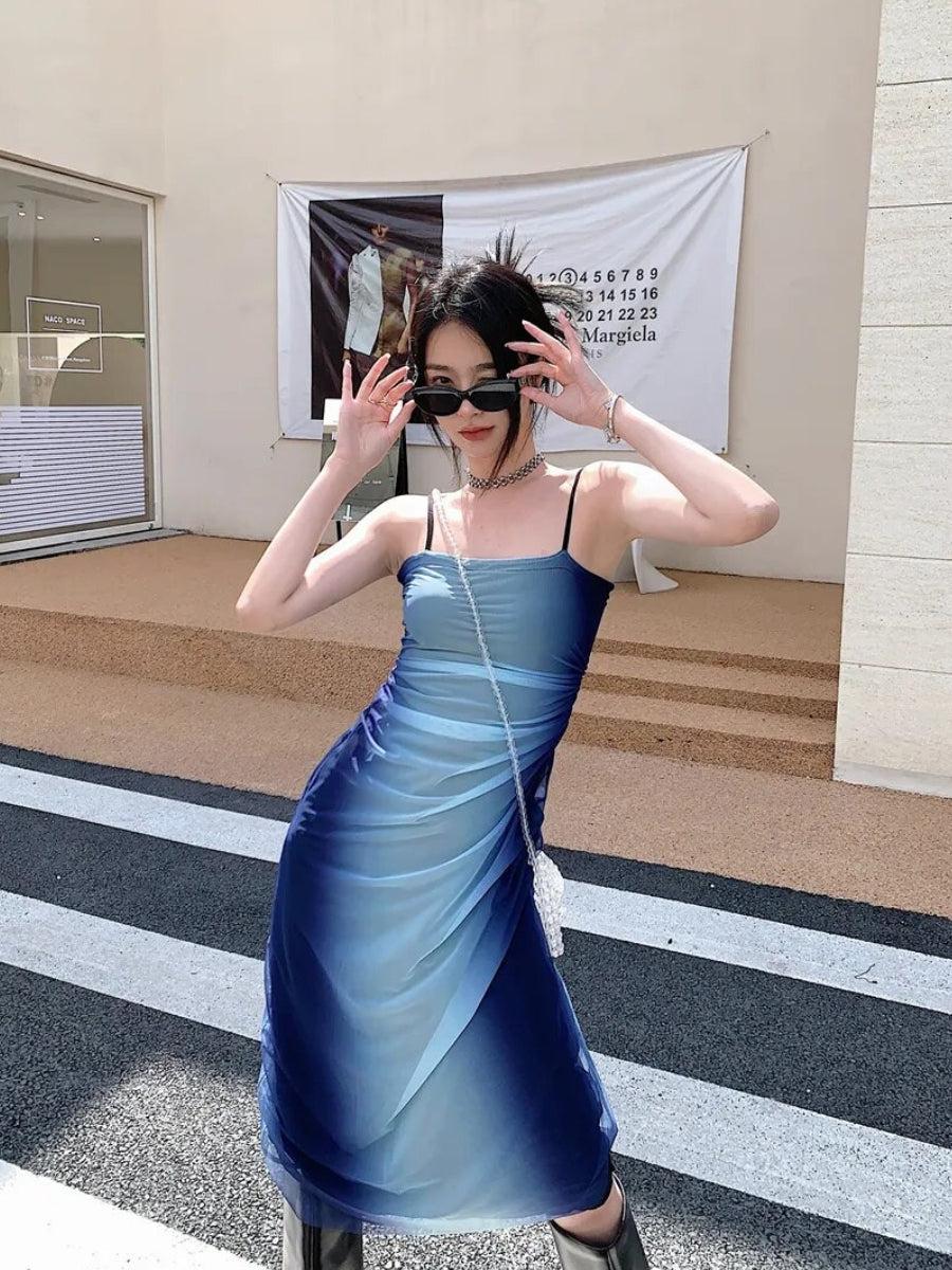 Y2K Blue Gradient Strappy Midi Dress MAUVSTUDIO Y2K Blue Gradient Strappy Midi Dress MAUVSTUDIO