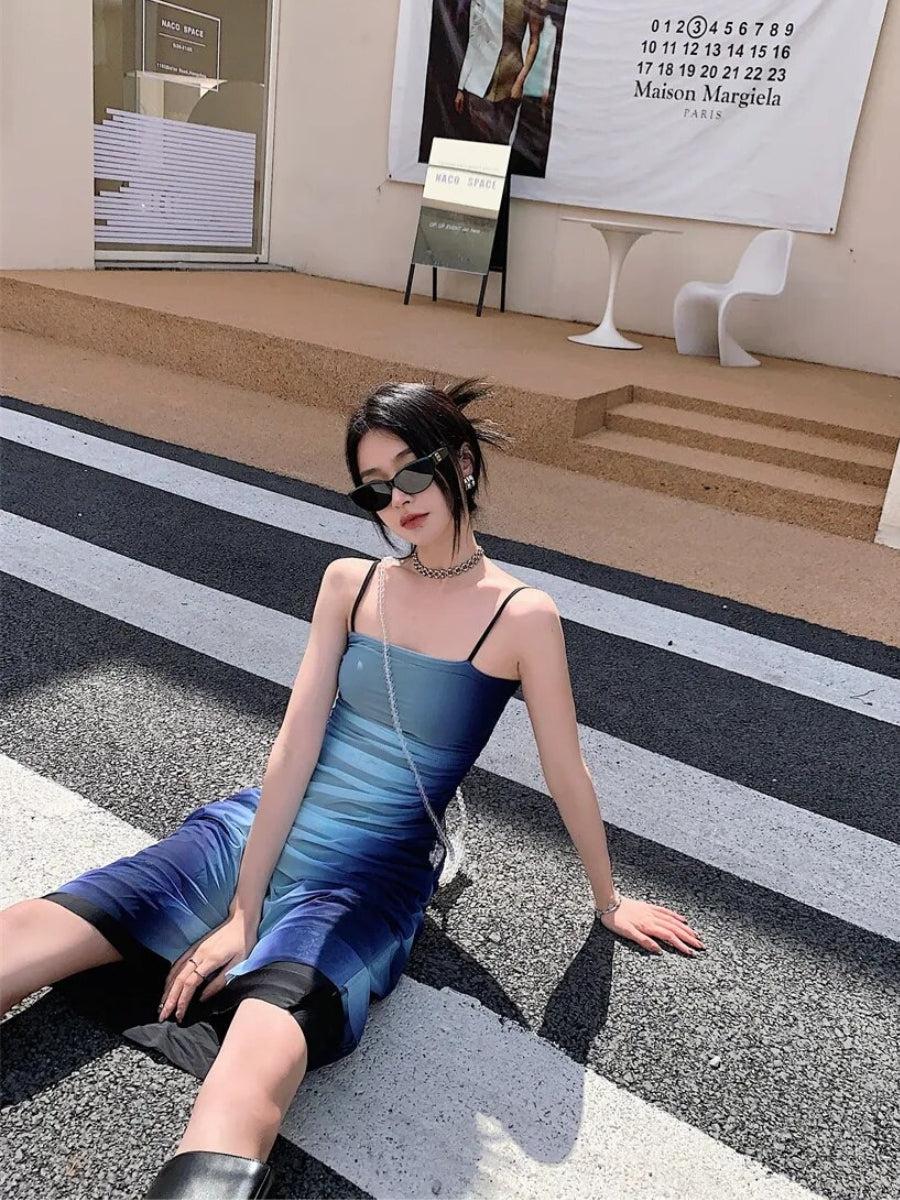 blue gradient dress Isla Orange Blue abstract Midi Dress – Girl In Mind