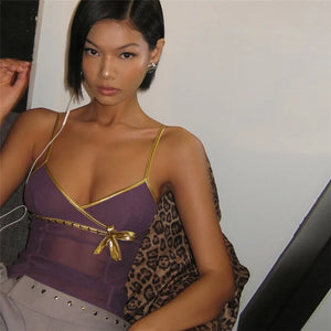 Y2K Bow Mesh Tank Top with sheer mesh, Y2K tube top styled with low rise bottoms