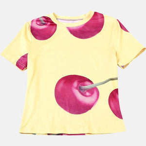 Y2K Cherry Baby Tee with cropped cut, Y2K baby tee styled with low rise bottoms