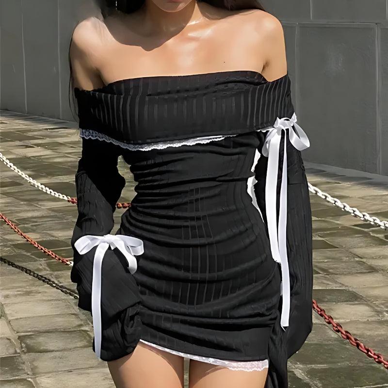Y2K Corduroy Off Shoulder Bow Mini Dress MAUVSTUDIO Y2K Corduroy Off Shoulder Bow Mini Dress MAUVSTUDIO