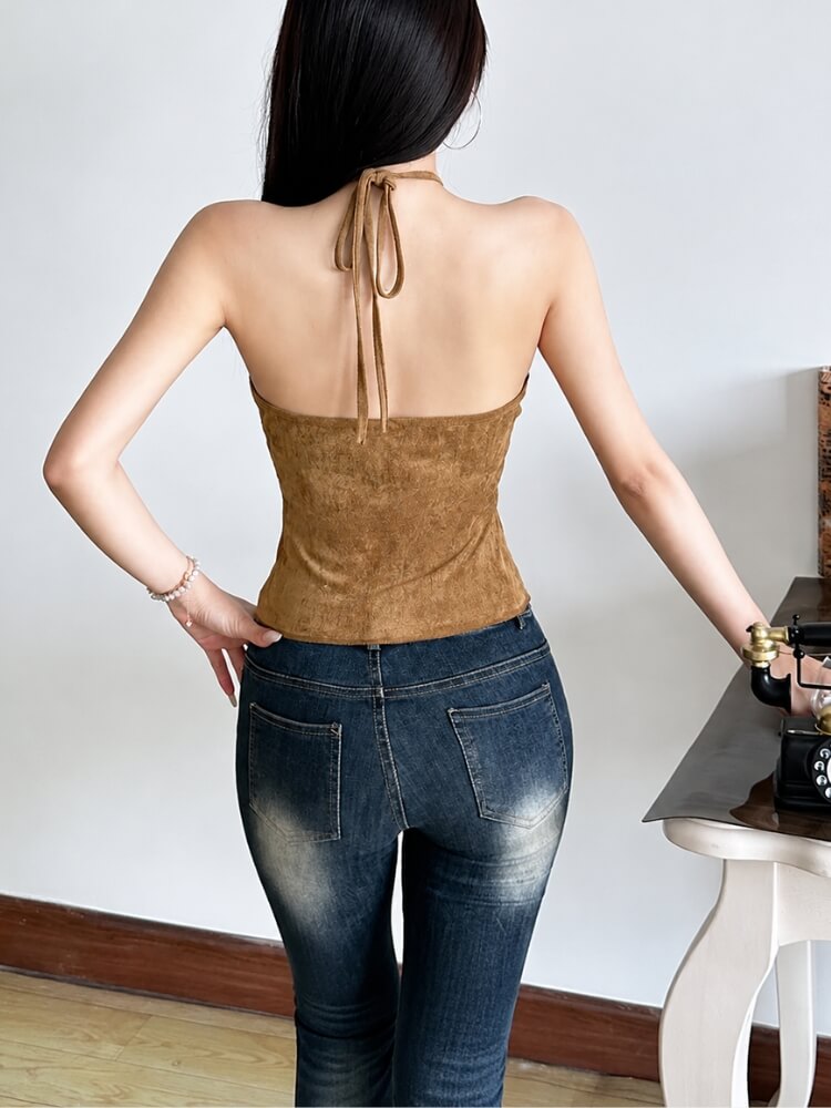 Y2K Cowgirl Top with tie detail, Y2K halter top styled with low rise bottoms