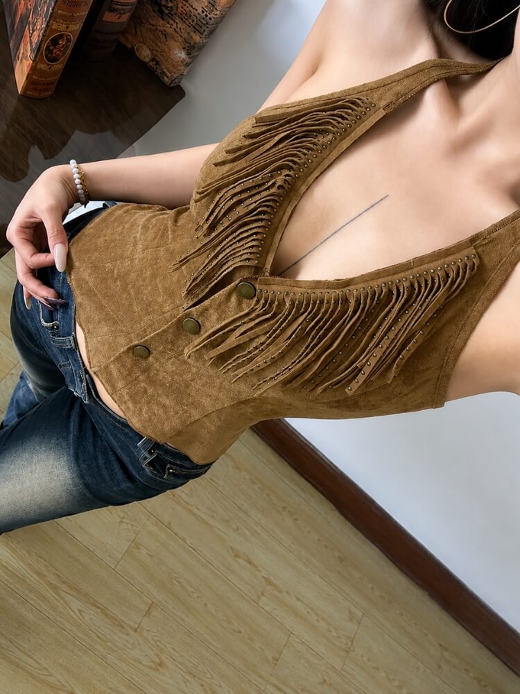 Y2K Cowgirl Top with tie detail, Y2K halter top styled with low rise bottoms