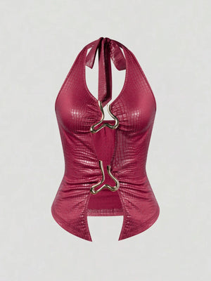 Y2K Crocodile Halter Top with plunging neckline, Y2K halter top styled with low rise bottoms
