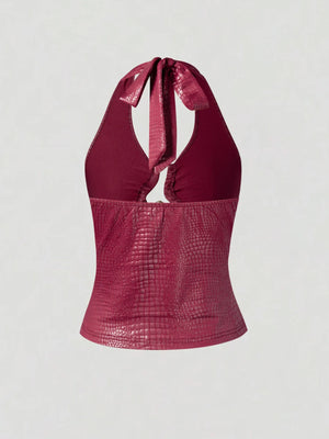 Y2K Crocodile Halter Top with plunging neckline, Y2K halter top styled with low rise bottoms