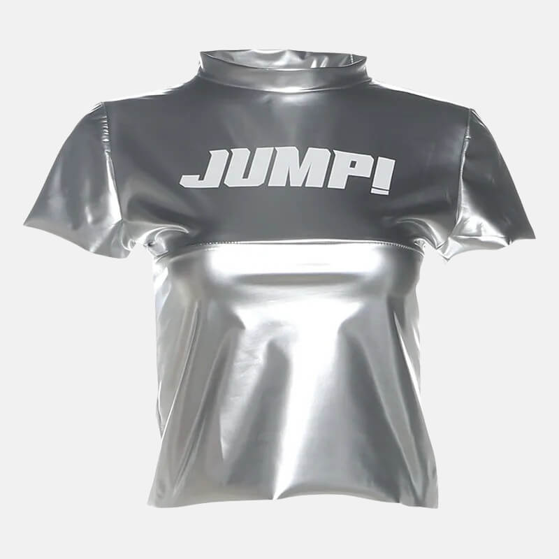 Y2K Cyber Jump Tee with cropped cut, Y2K baby tee styled with low rise bottoms