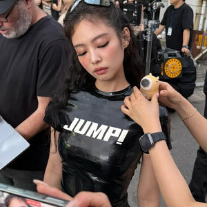 Y2K Cyber Jump Tee with cropped cut, Y2K baby tee styled with low rise bottoms