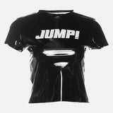 Y2K Cyber Jump Tee with cropped cut, Y2K baby tee styled with low rise bottoms