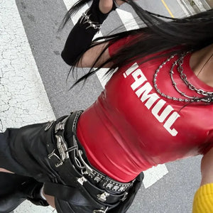 Y2K Cyber Jump Tee with cropped cut, Y2K baby tee styled with low rise bottoms