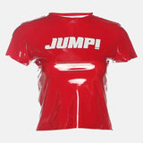 Y2K Cyber Jump Tee with cropped cut, Y2K baby tee styled with low rise bottoms