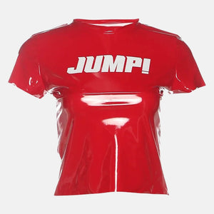 Y2K Cyber Jump Tee with cropped cut, Y2K baby tee styled with low rise bottoms