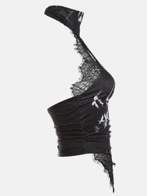 Y2K Cyber Lace Top with lace trim, Y2K halter top styled with low rise bottoms