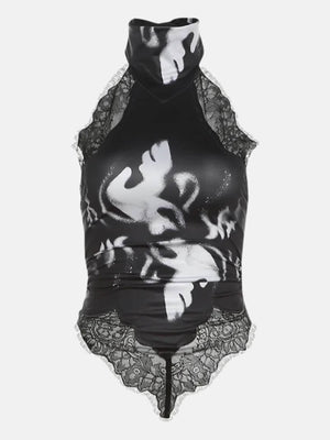 Y2K Cyber Lace Top with lace trim, Y2K halter top styled with low rise bottoms