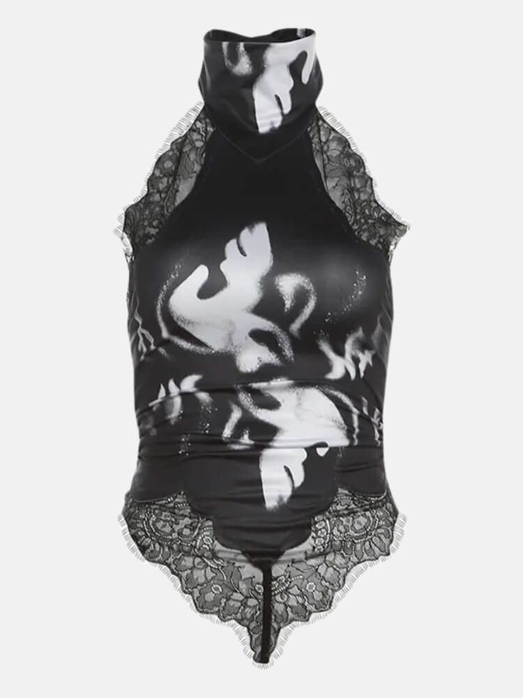 Y2K Cyber Lace Top with lace trim, Y2K halter top styled with low rise bottoms