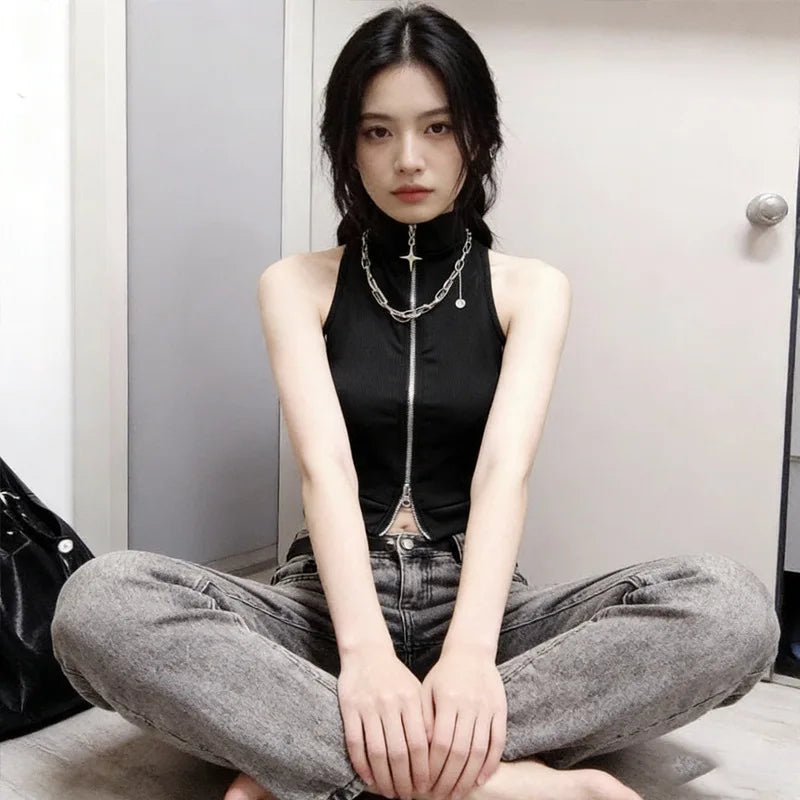 Y2K Cyber Zip Crop Top with lace trim, Y2K crop top styled with low rise bottoms