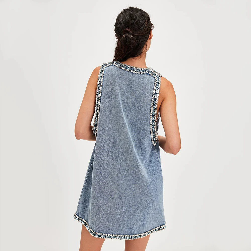 Y2K Deep V Denim Mini Dress Blue / M