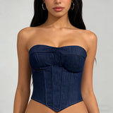 Y2K Denim Strapless Corset with lace trim, Y2K corset styled with low rise bottoms
