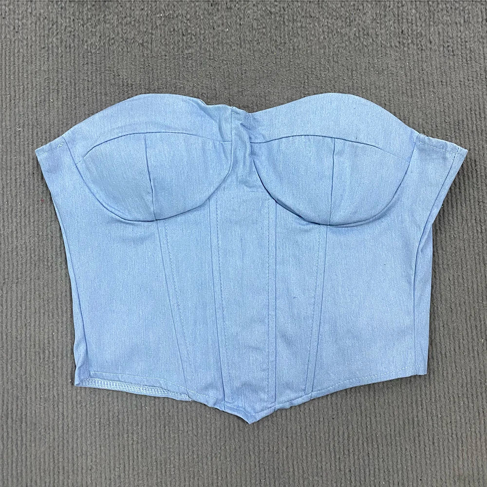 Y2K Denim Strapless Corset with lace trim, Y2K corset styled with low rise bottoms