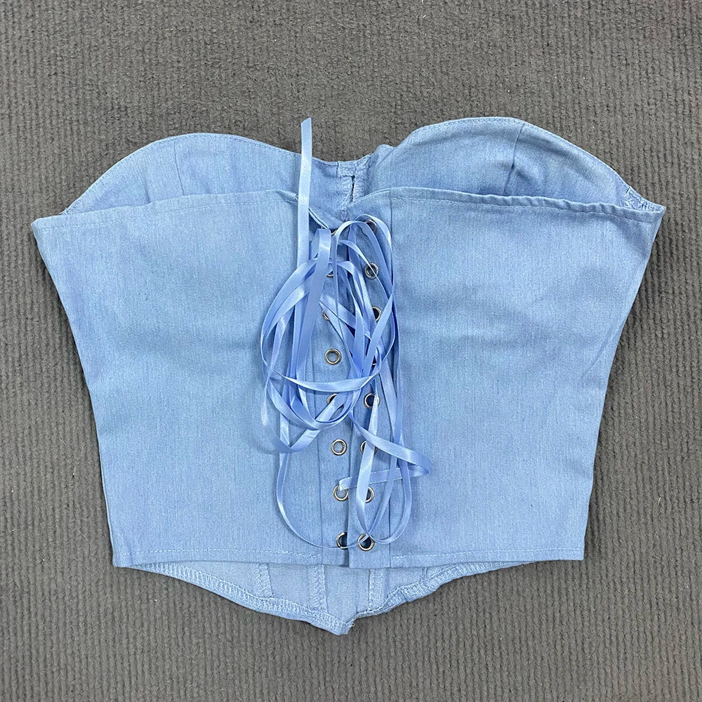 Y2K Denim Strapless Corset with lace trim, Y2K corset styled with low rise bottoms