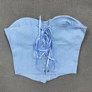 Y2K Denim Strapless Corset with lace trim, Y2K corset styled with low rise bottoms