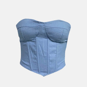 Y2K Denim Strapless Corset with lace trim, Y2K corset styled with low rise bottoms
