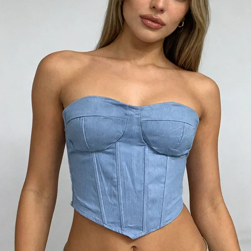 Y2K Denim Strapless Corset with lace trim, Y2K corset styled with low rise bottoms