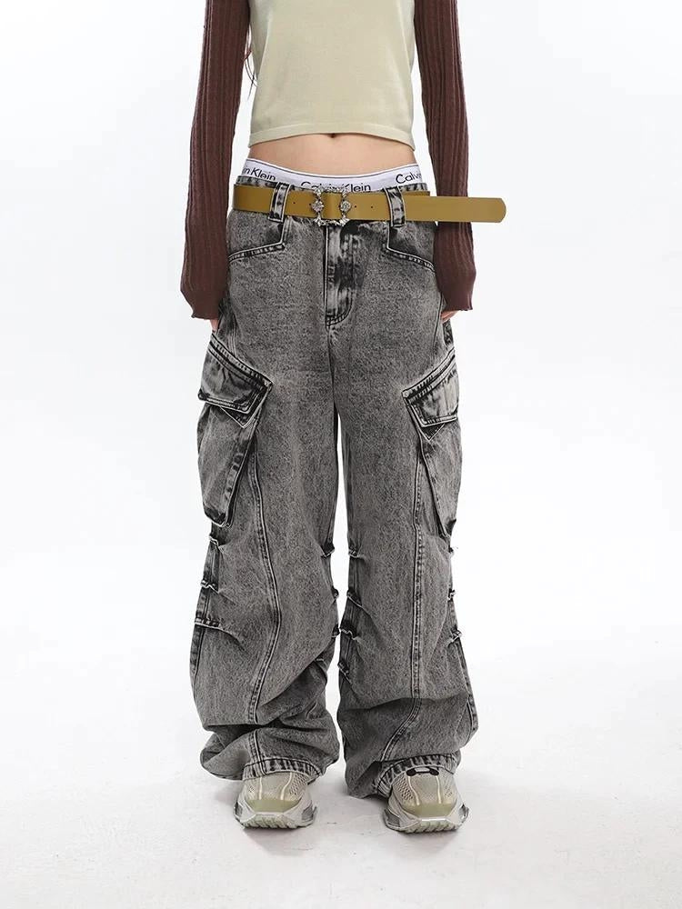 Y2K Distressed Big Pockets Cargo Jeans-MAUV STUDIO