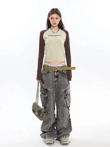 Y2K Distressed Big Pockets Cargo Jeans-Gray-M-MAUV STUDIO