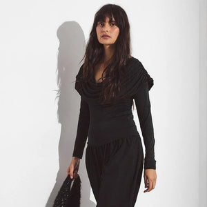 Y2K Draped Cowl Neck Top with fitted cut, Y2K long sleeve top styled with low rise bottoms