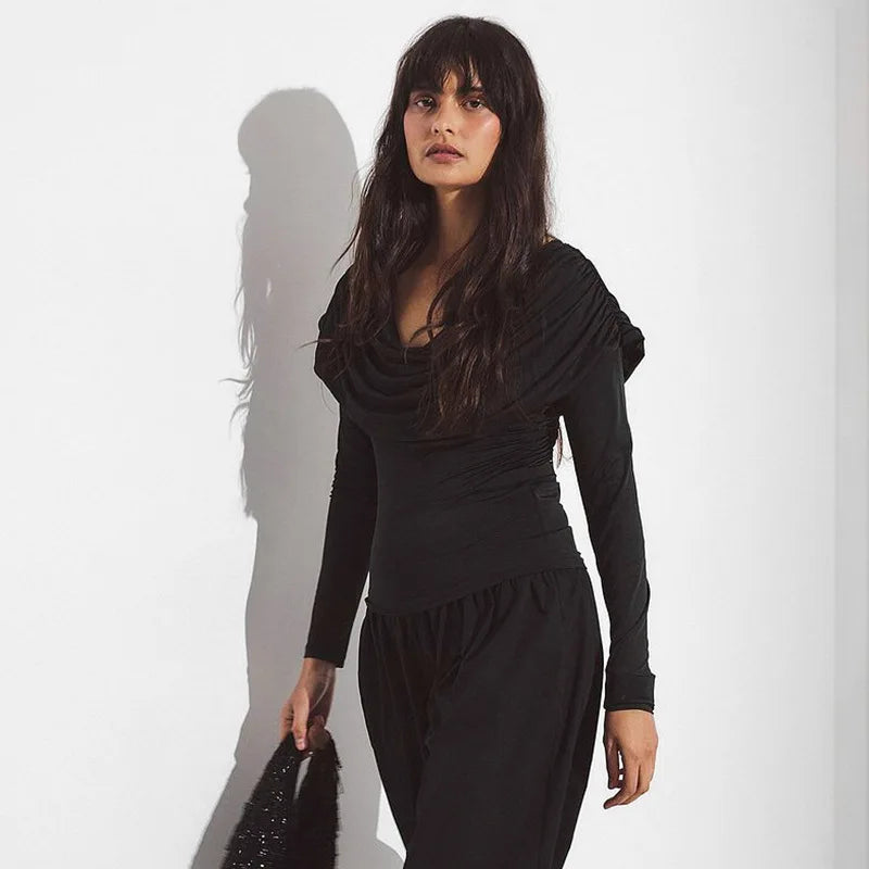 Y2K Draped Cowl Neck Top with fitted cut, Y2K long sleeve top styled with low rise bottoms