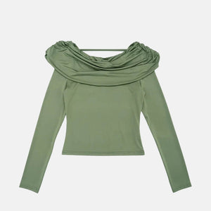 Y2K Draped Cowl Neck Top with fitted cut, Y2K long sleeve top styled with low rise bottoms