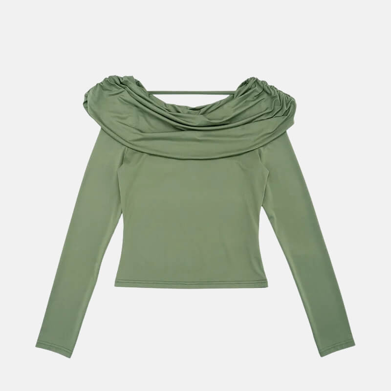 Y2K Draped Cowl Neck Top with fitted cut, Y2K long sleeve top styled with low rise bottoms