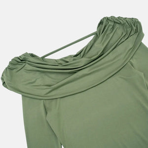 Y2K Draped Cowl Neck Top with fitted cut, Y2K long sleeve top styled with low rise bottoms