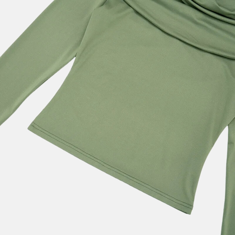 Y2K Draped Cowl Neck Top with fitted cut, Y2K long sleeve top styled with low rise bottoms