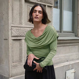 Y2K Draped Cowl Neck Top with fitted cut, Y2K long sleeve top styled with low rise bottoms