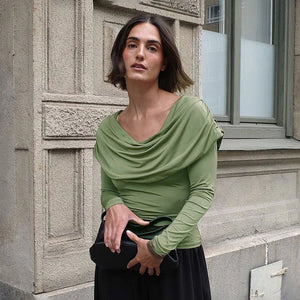 Y2K Draped Cowl Neck Top with fitted cut, Y2K long sleeve top styled with low rise bottoms
