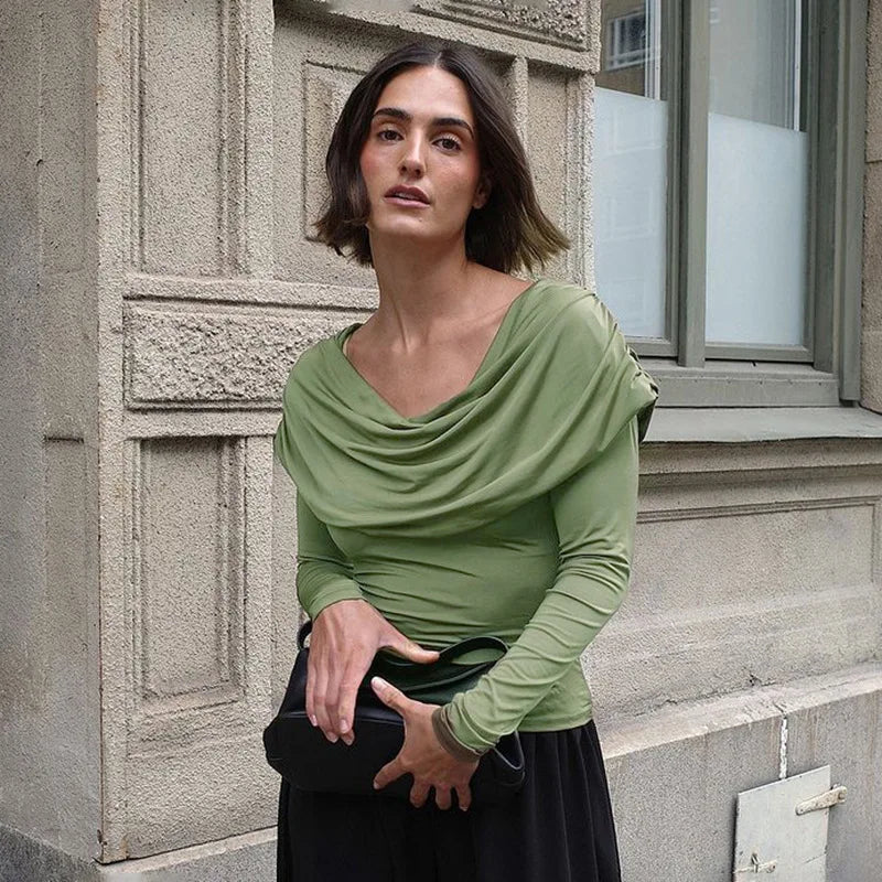 Y2K Draped Cowl Neck Top with fitted cut, Y2K long sleeve top styled with low rise bottoms
