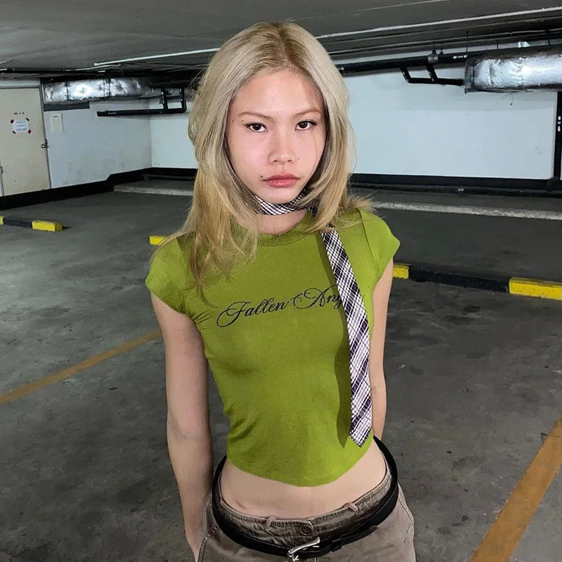Y2K Fallen Angels Crop Top with ribbed knit, Y2K crop top styled with low rise bottoms