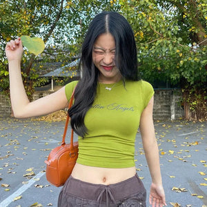 Y2K Fallen Angels Crop Top with ribbed knit, Y2K crop top styled with low rise bottoms