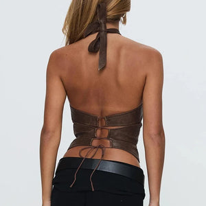 Y2K Faux Leather Halter Top with lace trim, Y2K halter top styled with low rise bottoms