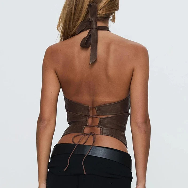 Y2K Faux Leather Halter Top with lace trim, Y2K halter top styled with low rise bottoms