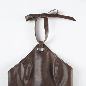 Y2K Faux Leather Halter Top with lace trim, Y2K halter top styled with low rise bottoms