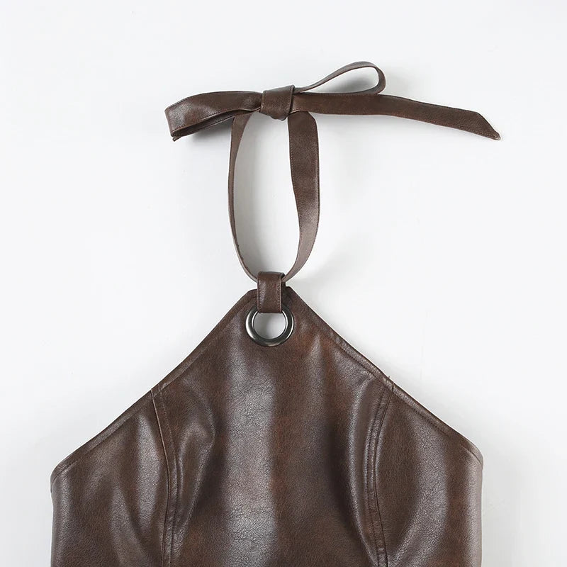 Y2K Faux Leather Halter Top with lace trim, Y2K halter top styled with low rise bottoms